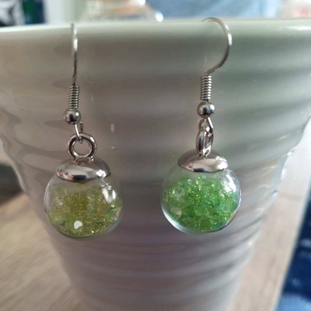 hand crafted lime green glass globe crystal statement drop earrings
